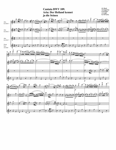 Free Sheet Music Aria Der Heiland Kennet Ja Die Seinen From Cantata Bwv 109 Arrangement For 4 Recorders