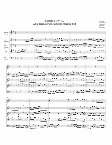 Free Sheet Music Aria Herr Der Du Stark Und Maechtig Bist From Cantata Bwv 10 Arrangement For 5 Recorders