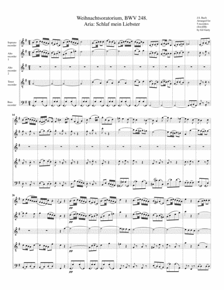 Aria Schlaf Mein Liebster From Weihnachtsoratorium Christmas Oratorio Bwv 248 Arrangement For 5 Recorders Sheet Music