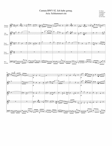 Aria Schlummert Ein From Cantata Bwv 82 Arrangement For 5 Recorders Sheet Music