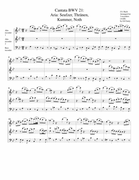 Aria Seufzer Thraenen Kummer Noth From Cantata Bwv 21 Arrangement For 3 Recorders Sheet Music