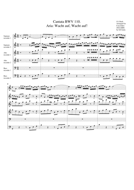 Aria Wacht Auf Wacht Auf From Cantata Bwv 110 Arrangement For 6 Recorders Sheet Music