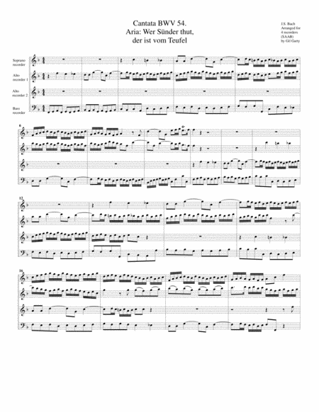 Aria Wer Snder Thut Der Ist Vom Teufel From Cantata Bwv 54 Arrangement For 4 Recorders Sheet Music