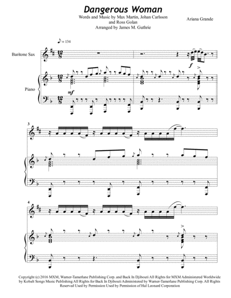 Free Sheet Music Ariana Grande Dangerous Woman For Baritone Sax Piano