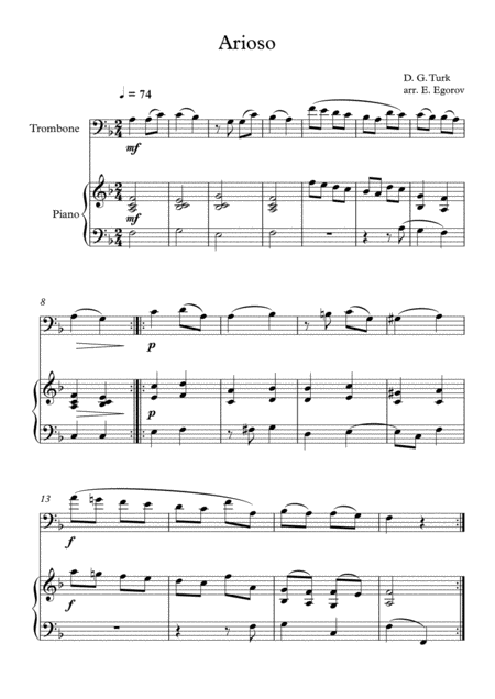 Arioso Daniel Gottlob Turk For Trombone Piano Sheet Music