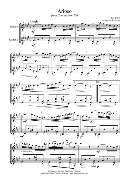 Arioso For Easy Guitar Duet Sheet Music