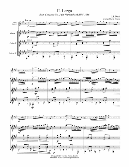 Arioso Largo From Cantata 156 For Guitar Trio Sheet Music