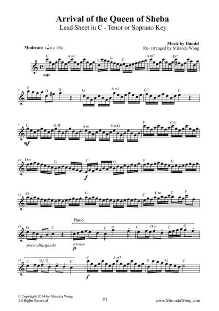 Arrival Of Queen Of Sheba Lead Sheet In C For Tenor Saxophone Concert Key In Bb Sheet Music