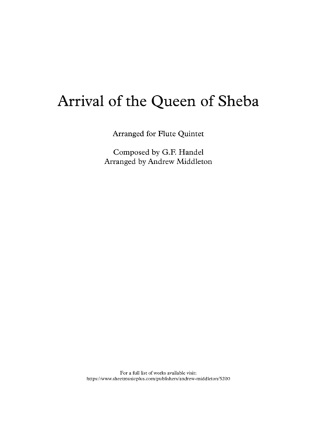 Arrival Of The Queen Of Sheba For Flute Quintet Sheet Music