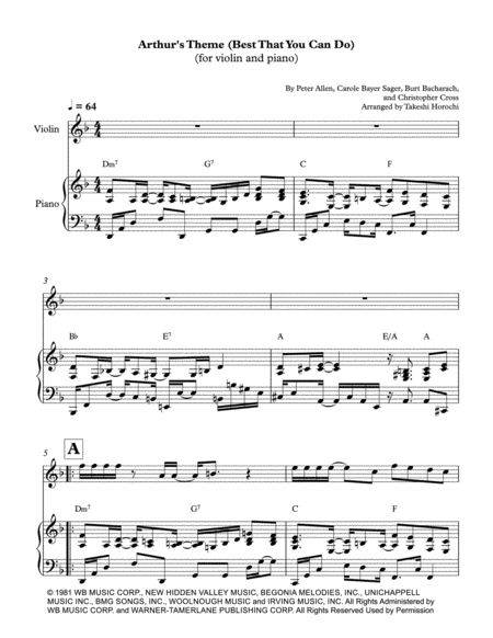 Arthurs Theme Best That You Can Do Violin Piano Sheet Music