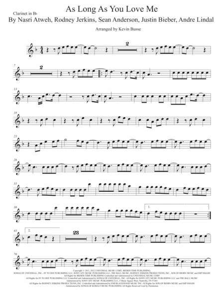 Free Sheet Music As Long As You Love Me Clarinet Original Key