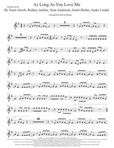 As Long As You Love Me Clarinet Sheet Music