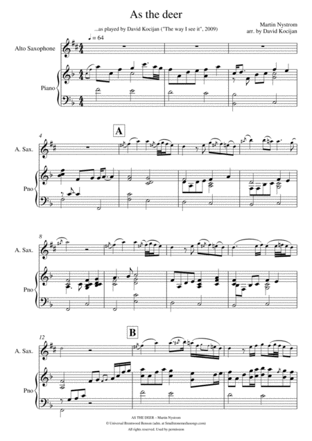 Free Sheet Music As The Deer Piano Solo In Eb Alto Sax