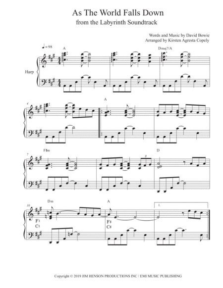 As The World Falls Down David Bowie Solo Harp Arrangement Sheet Music