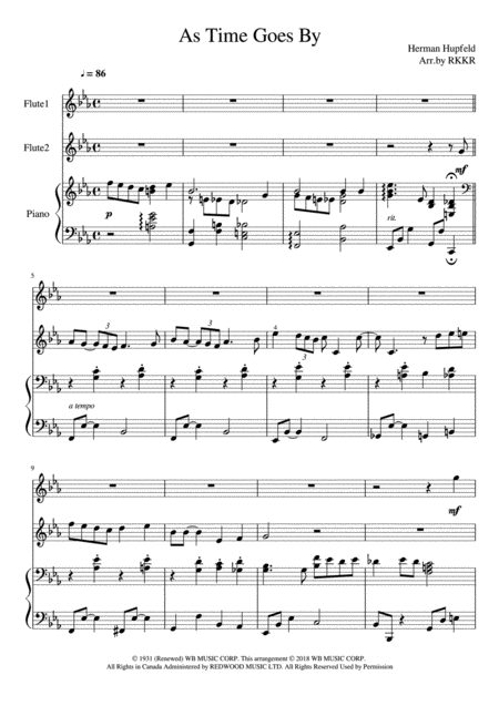 As Time Goes By Flute Duet With Piano Accompaniment Sheet Music