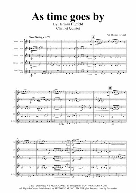 Free Sheet Music As Time Goes By From Casablanca Clarinet Quintet