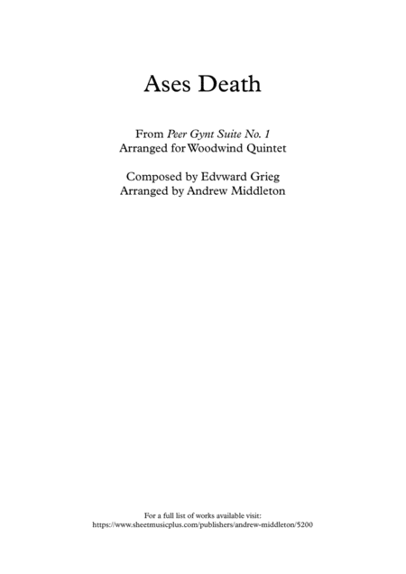 Ases Death From Peer Gynt Suite Arranged For Woodwind Quintet Sheet Music