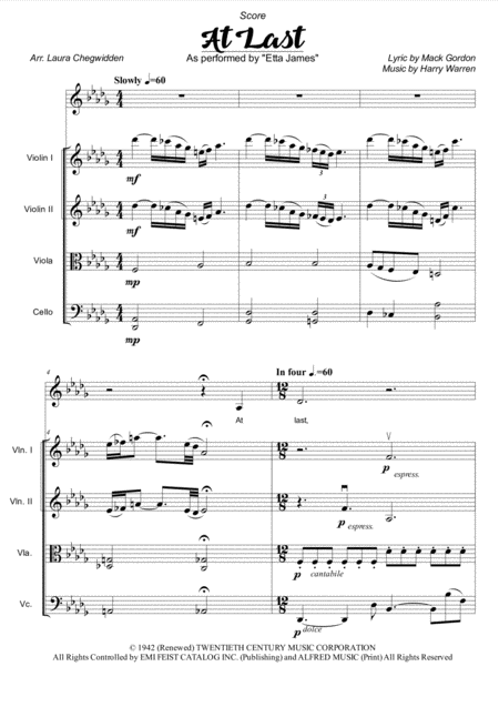 Free Sheet Music At Last For Voice And String Quartet Db Major