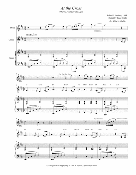 Free Sheet Music At The Cross For Guitar Piano Oboe Or Soprano Sax And Bass Guitar