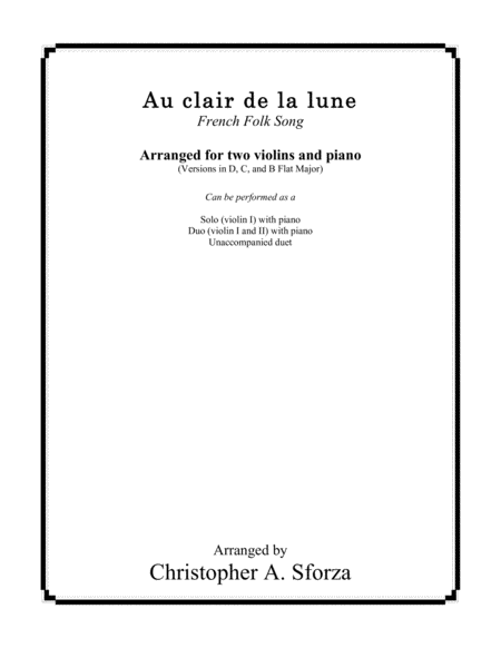 Free Sheet Music Au Clair De La Lune For Two Violins And Piano