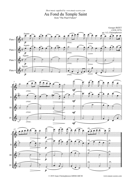 Free Sheet Music Au Fond Du Temple Saint Theme Only From The Pearl Fishers Flute Quartet