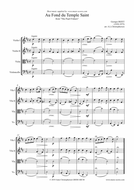 Free Sheet Music Au Fond Du Temple Saint Theme Only From The Pearl Fishers String Quartet