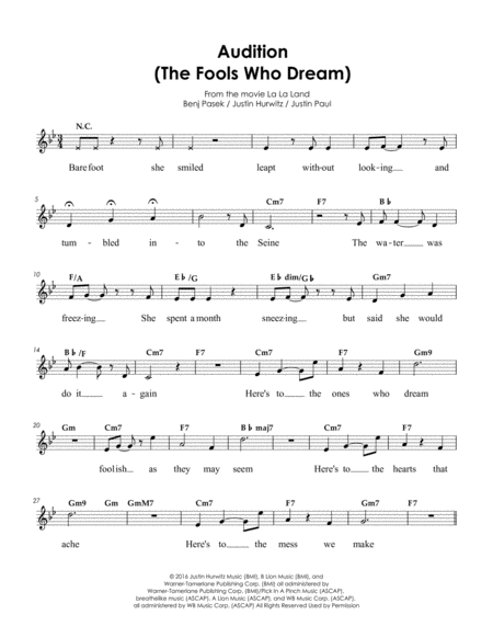 Audition The Fools Who Dream Bb Sheet Music