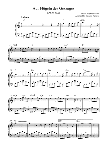 Auf Flgeln Des Gesanges On Wings Of Song Op 34 No 2 Sheet Music