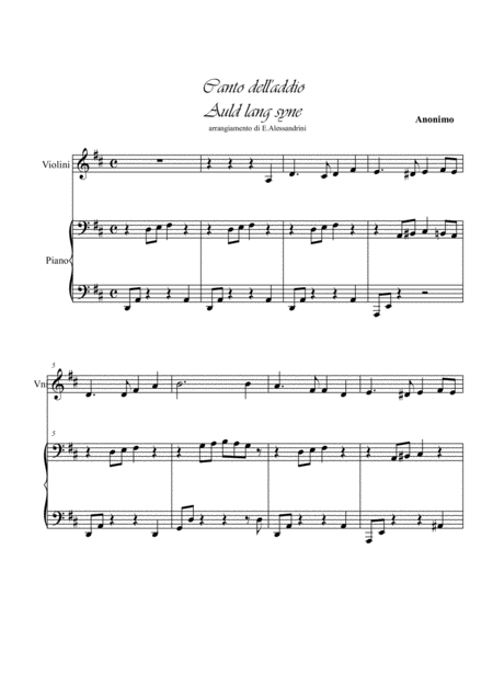 Auld Lang Syne Canto Dell Addio Violin E Piano Sheet Music