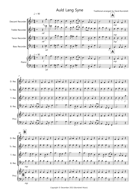 Auld Lang Syne For Recorder Quartet Sheet Music