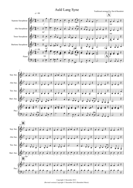 Free Sheet Music Auld Lang Syne For Saxophone Quartet