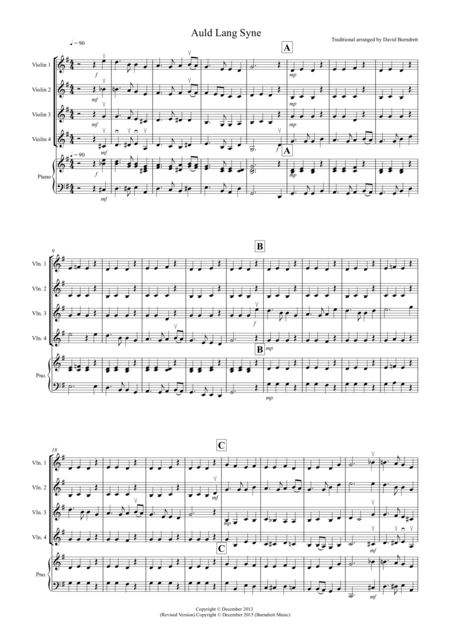 Auld Lang Syne For Violin Quartet Sheet Music