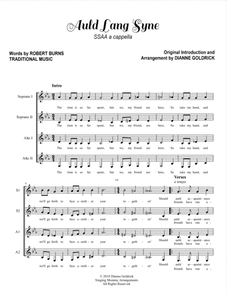 Free Sheet Music Auld Lang Syne Ssaa A Cappella