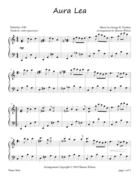 Aura Lea Piano Solo Love Song Sheet Music