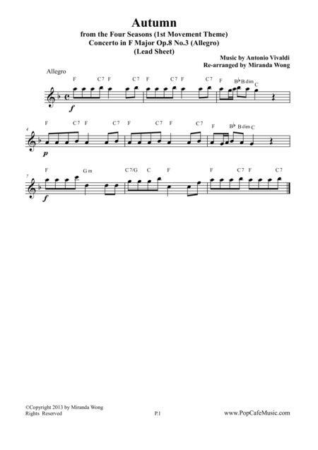 Free Sheet Music Autumn From Four Seasons Lead Sheet In F