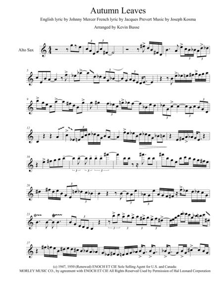 Free Sheet Music Autumn Leaves Alto Sax Solo