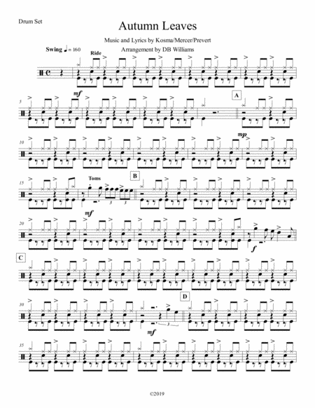 Free Sheet Music Autumn Leaves Drum Set