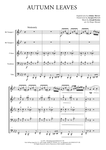 Free Sheet Music Autumn Leaves For Brass Quintet