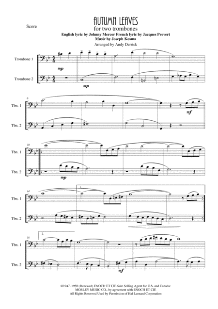 Autumn Leaves For Trombone Duet Sheet Music