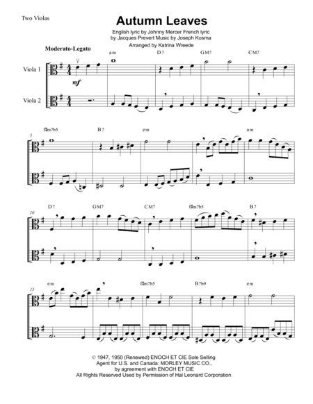 Autumn Leaves For Two Violas Sheet Music