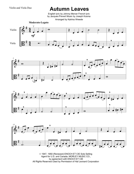 Free Sheet Music Autumn Leaves For Violin And Viola Duo