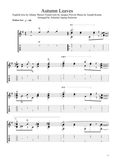 Autumn Leaves Solo Guitar Tablature Sheet Music