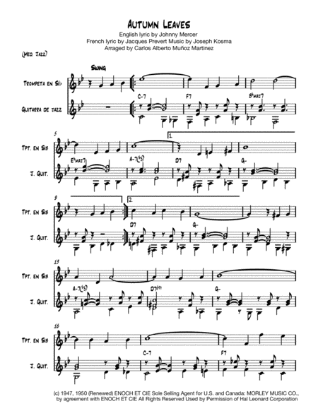 Free Sheet Music Autumn Leaves Walking Bass Guitar Comping