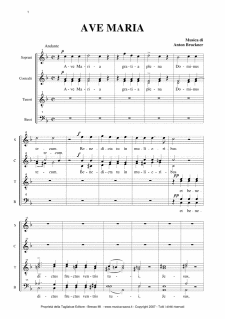 Free Sheet Music Ave Maria Bruckner For Saattbb Choir