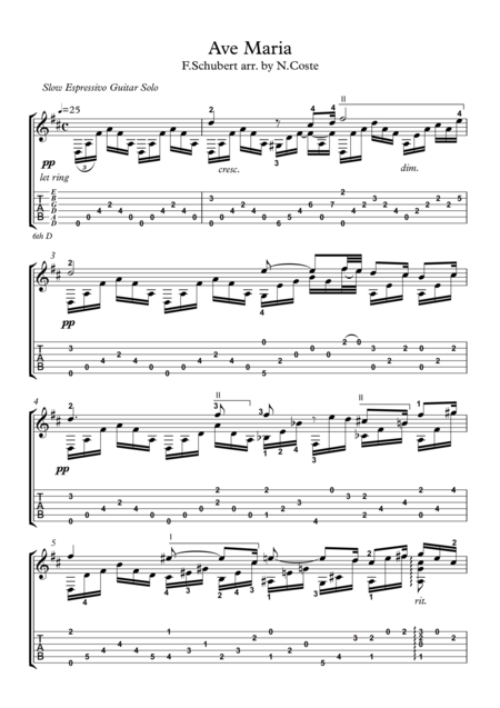 Free Sheet Music Ave Maria Classical Guitar Solo With Tablature