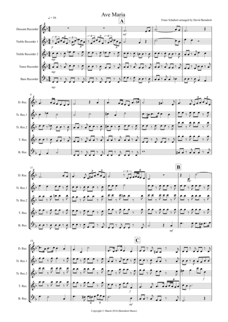 Free Sheet Music Ave Maria For Recorder Quintet