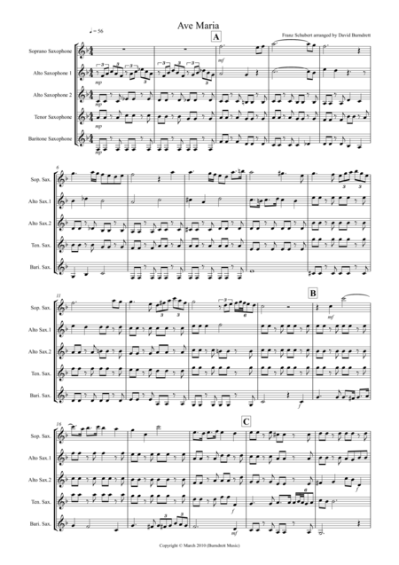 Free Sheet Music Ave Maria For Saxophone Quintet