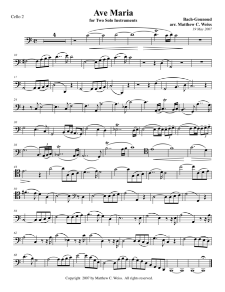 Free Sheet Music Ave Maria For Two Solo Instruments Cello 2