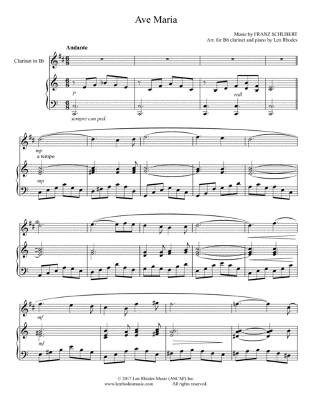 Ave Maria Franz Schubert For Bb Clarinet And Piano Sheet Music