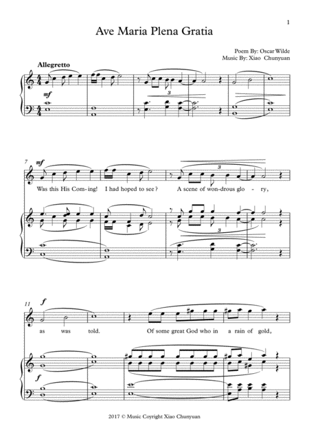 Free Sheet Music Ave Maria Plena Gratia In C Major Key For Soprano Or Tenor Solo With Piano